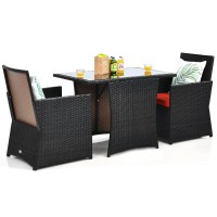 Kotek 3 Piece Outdoor Dining Set, Pe Rattan Dining Table & Chairs Set With Tempered Glass Top & Cushions, Wicker Conversation Set, Patio Bistro Set For Backyard Garden Porch (Red)