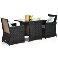 Kotek 3 Piece Outdoor Dining Set, Pe Rattan Dining Table & Chairs Set With Tempered Glass Top & Cushions, Wicker Conversation Set, Patio Bistro Set For Backyard Garden Porch (Grey)