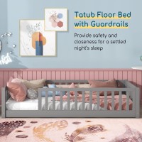 Tatub Twin Size Floor Bed With Safety Guardrails And Door And Slats, Montessori Floor Bed Frame For Kids, Wood Montessori Floor Bed For Girls And Boys, Twin-Grey Without Door