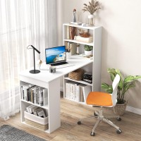 Ifanny 48 Inch Computer Desk With Bookshelf, Reversible Study Writing Desk With Storage Shelves & Cpu Stand, Compact Office Desks & Workstations, White Desk For Bedroom, Kids Room, Study (White)