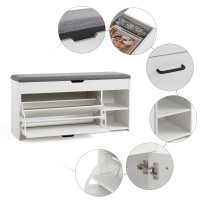 Mondeer Shoe Storage Bench With Seat Cushion, Shoe Bench With Flip-Up Drawer And Open Storage Space For Hallway Entryway Wooden Modern Style 39.4 X 11.8 X 20.5 Inch (White)