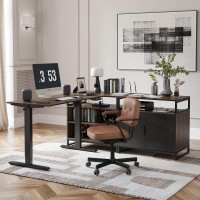 Fezibo 66 Inch Executive L Shaped Standing Desk With 2-Drawer File Cabinet, Electric Height Adjustable Stand Up Desk, Home Office Modern Wood Computer Desk With Shelves, Black Frame/Dark Walnut Top