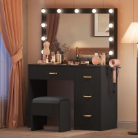 Dwvo Makeup Vanity Table, Vanity Desk Set With Large Mirror, Led Lights With Adjustable Brightness, Bedroom Vanity Table With 4 Drawers And Cushioned Stool For Women Girls, Carbon Black