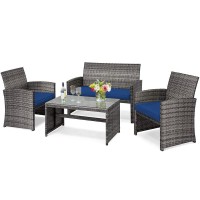 Dortala 4 Piece Patio Furniture Set, Outdoor Wicker Conversation Set With Soft Cushions & Tempered Glass Coffee Table, Rattan Patio Sofa Bistro Sets For Courtyard Balcony, Navy