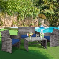 Dortala 4 Piece Patio Furniture Set, Outdoor Wicker Conversation Set With Soft Cushions & Tempered Glass Coffee Table, Rattan Patio Sofa Bistro Sets For Courtyard Balcony, Navy