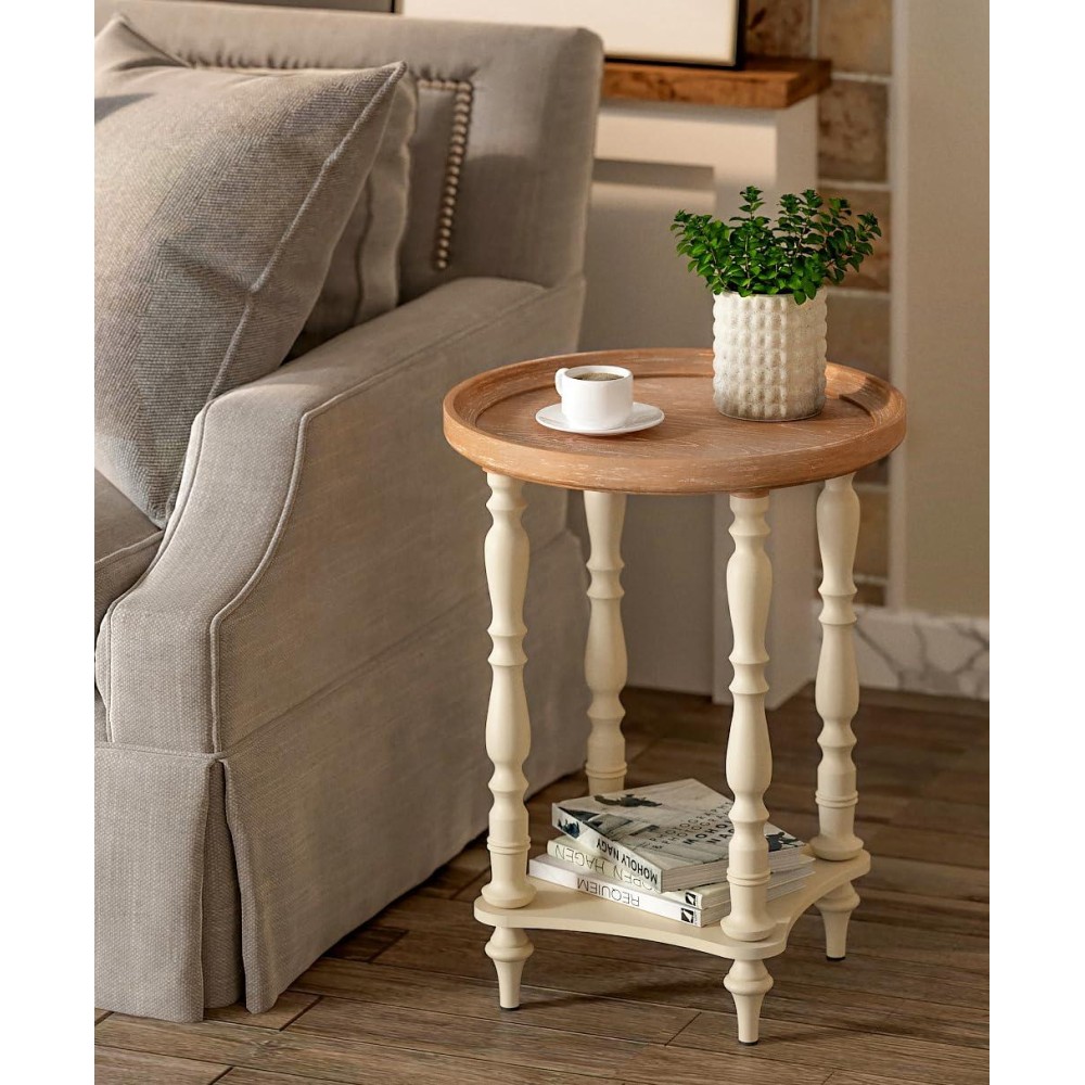 VONLUCE French Country End Table, 19'' Round Farmhouse Side Table, Distressed Wood Tray Top Rustic Accent Table for Living Room Bedroom, Small Space, Beige