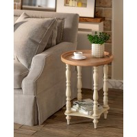VONLUCE French Country End Table, 19'' Round Farmhouse Side Table, Distressed Wood Tray Top Rustic Accent Table for Living Room Bedroom, Small Space, Beige