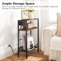 Hoobro Small Narrow Side Table With Charging Station Skinny End Table For Small Spaces Slim Nightstand With Usb Ports Outlet