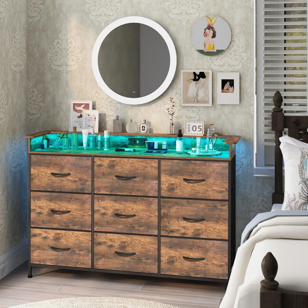 Exotica Industrial Dresser For Bedroom With Charging Station And Led Light Fabric Storage Dresser With 9 Fabric Drawers Chest Of