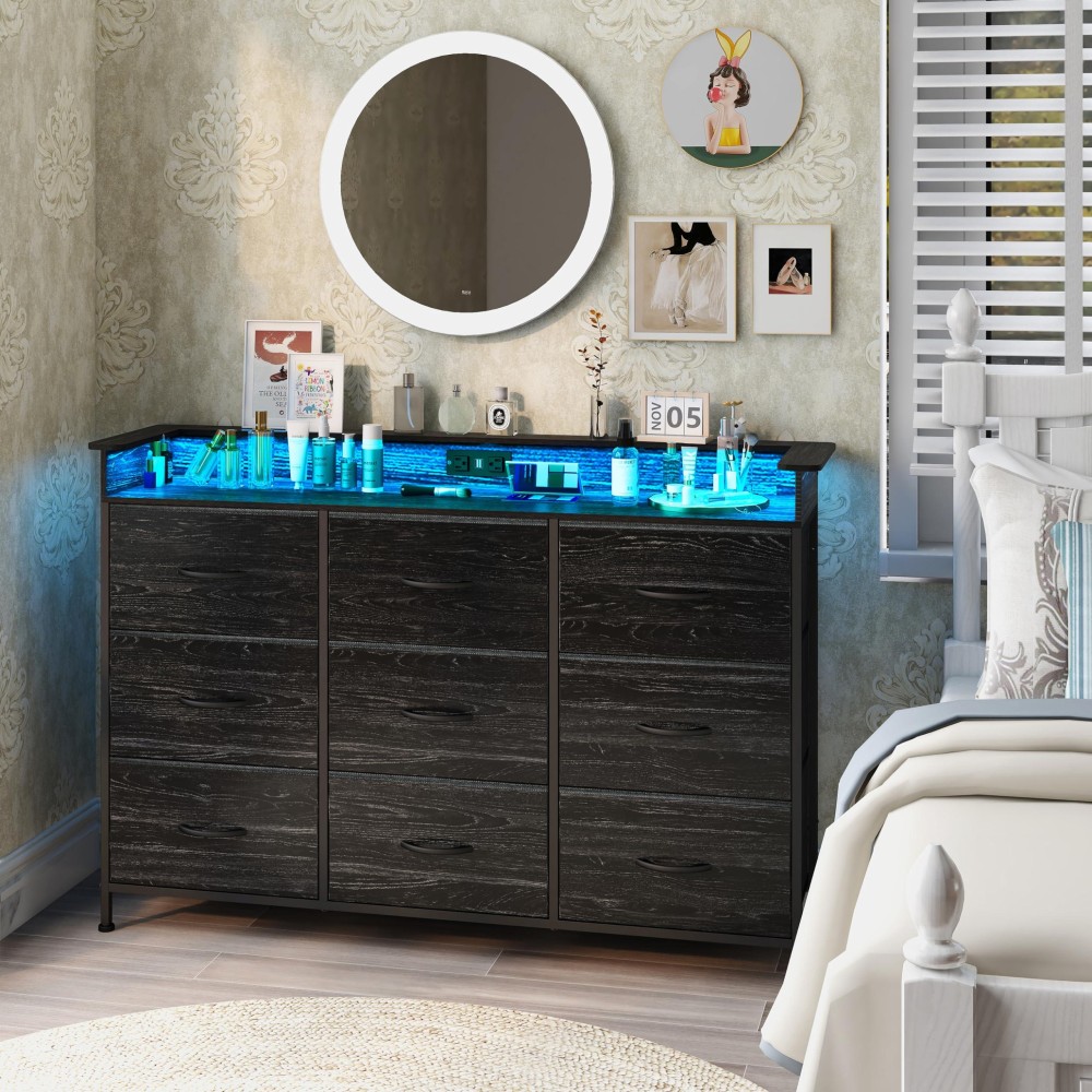 Exotica Black Dresser With Charging Station 9 Drawers Dresser With Led Light And Usb Ports Fabric Dresser For Bedroom Hallway Entryway Closets Sturdy Steel Frame Wood Top