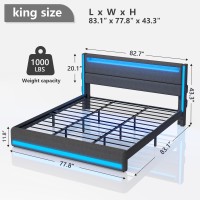 Dnxao King Bed Frame With Headboard And Led Lights Upholstered Platform Bed With Usb Charging Station King Size Bed With Metal