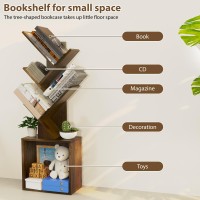Ochine Tree Bookshelf, 5 Tier Small Bookcase with Large Drawer, Tall Wood Narrow Bookshelves Organizer for CDs/Movies/Books, Floor Standing Book Shelf for Bedroom, Living Room, Home Office