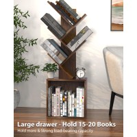 Ochine Tree Bookshelf, 5 Tier Small Bookcase with Large Drawer, Tall Wood Narrow Bookshelves Organizer for CDs/Movies/Books, Floor Standing Book Shelf for Bedroom, Living Room, Home Office