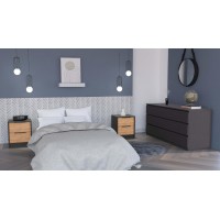 Sydney 3 Piece Bedroom Set, Nightstand + Nightstand + Drawer Dresser, Black Pine(D0102H2BcWV)