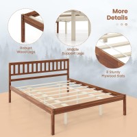 Giantex Wood Queen Bed Frame With Headboard, Mid Century Platform Bed With Wood Slat Support, Solid Wood Foundation, 12 Inch Height For Under Bed Storage, Easy Assemble, Walnut