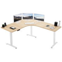 Vivo Electric Height Adjustable 71 X 71 Inch Curved Corner Stand Up Desk, Light Wood Table Top, White Frame, Memory Controller, L-Shaped Workstation, E3C Series, Desk-Kit-E3Cwc