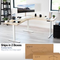 Vivo Electric Height Adjustable 71 X 71 Inch Curved Corner Stand Up Desk, Light Wood Table Top, White Frame, Memory Controller, L-Shaped Workstation, E3C Series, Desk-Kit-E3Cwc