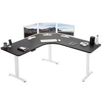 Vivo Electric Height Adjustable 71 X 71 Inch Curved Corner Stand Up Desk, Black Table Top, White Frame, Memory Controller, L-Shaped Workstation, E3C Series, Desk-Kit-E3Cwb