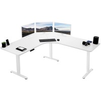 Vivo Electric Height Adjustable 71 X 71 Inch Curved Corner Stand Up Desk, White Table Top, White Frame, Memory Controller, L-Shaped Workstation, E3C Series, Desk-Kit-E3Cww