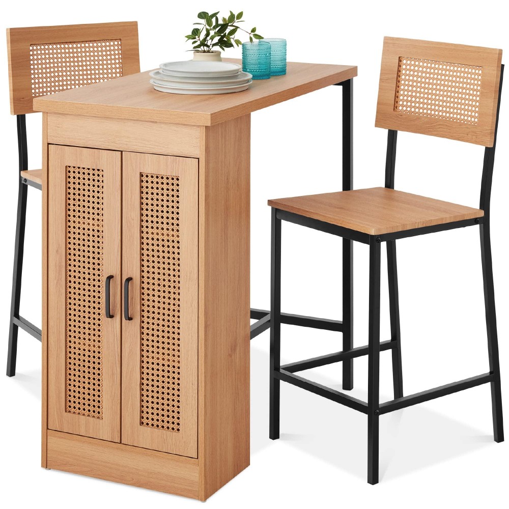 Best Choice Products 3-Piece Rattan Dining Set, Counter Height Boho Dining Table For Kitchen For 2, Dining Room W/Adjustable Storage Shelves, Cabinet Doors, Metal Frames