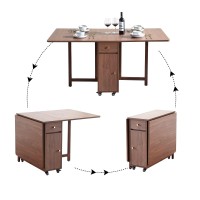 COMUHOME Extendable Drop Leaf Foldable Dining Table with 2 Drawers and 4 Wheels for Living Room Kitchen Farmhouse Space Saving Table in Walnut