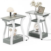 Fromjbest End Table Set Of 2 With Charging Station Side Table With Usb Ports And Outlets Nightstand 3 Tier End Table With Sto