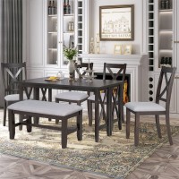 RUNWON 6-Piece Rustic Style Kitchen Dining Set with Foldable Table,4 Padded Chairs and 1 Bench, Espresso+Light Gray