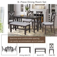 RUNWON 6-Piece Rustic Style Kitchen Dining Set with Foldable Table,4 Padded Chairs and 1 Bench, Espresso+Light Gray