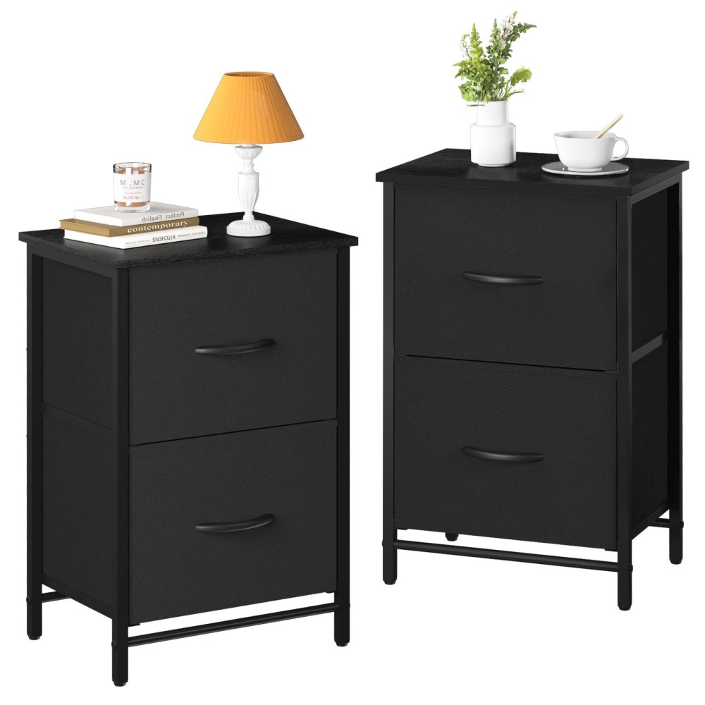 Yoobure Night Stand Set 2, Nightstand With 2 Fabric Drawers, Small Wood Nightstands For Bedroom, Bedside Tables With Drawers For Small Spaces, Large Storage Drawers Dresser For Dorm Bed Side Table