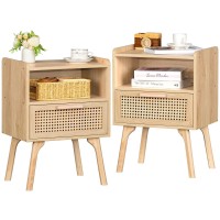 Lerliuo Rattan Nightstands Set Of 2, Boho Side Table With Drawer Open Shelf, Cane Accent Bedside End Table With Solid Wood Legs For Bedroom, Dorm And Small Spaces (Natural)