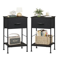 Wlive Night Stand Set 2 Black Nightstand With Fabric Storage Drawer And Open Wood Shelf Nightstand Set Of 2 With Steel Frame