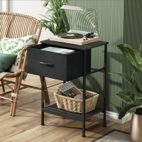 Wlive Night Stand Set 2 Black Nightstand With Fabric Storage Drawer And Open Wood Shelf Nightstand Set Of 2 With Steel Frame