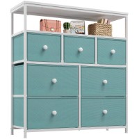 Enhomee Dresser For Bedroom With 7 Drawers And 2 Shelves, Tv Stand Dresser With Wooden Top And Metal Frame, Tall Dressers & Chest Of Drawers For Bedroom, Aqua