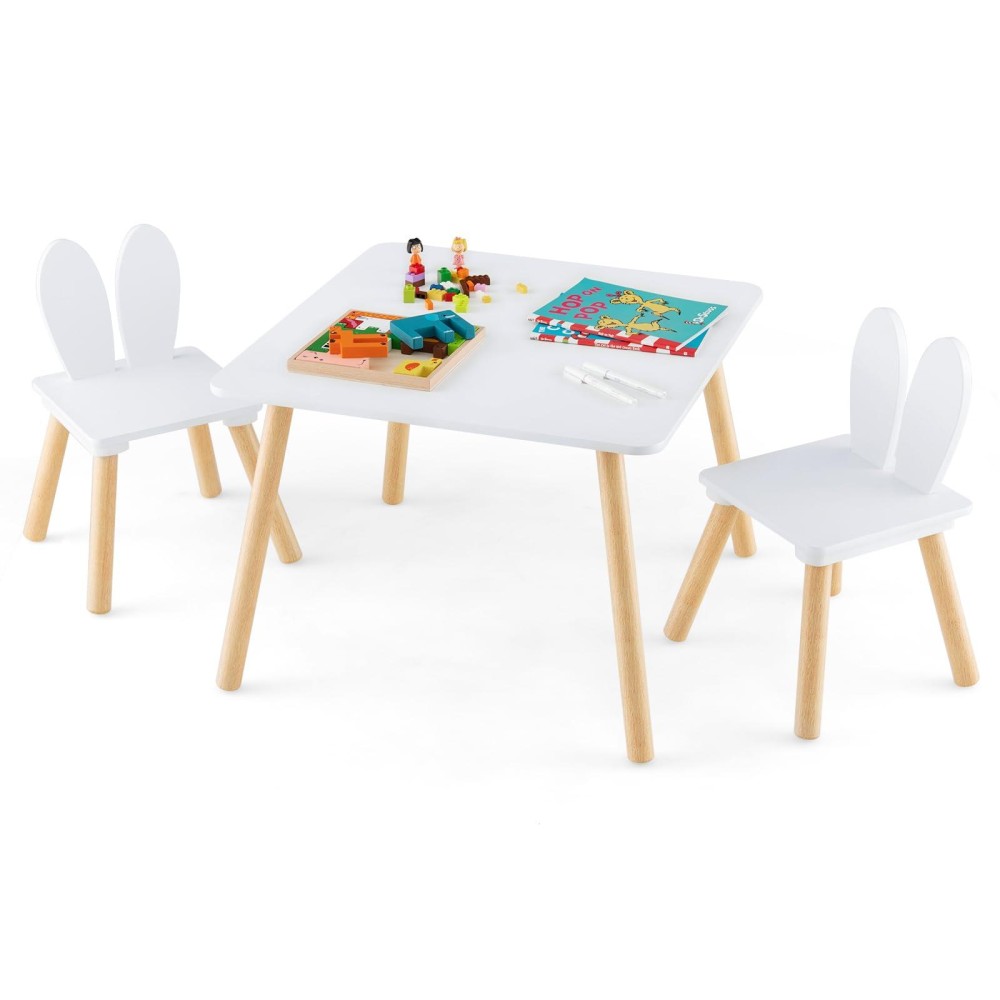 Costzon Kids Table And Chair Set, 3 Pieces Wooden Activity Play Table & 2 Cute Rabbit, Solid Wood Legs, Space-Saving Toddler Furniture For Preschool, Nursery, Children Playroom & Kindergarten (White)