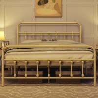 Yaheetech Classic Metal Platform Bed Frame Mattress Foundation With Victorian Style Iron-Art Headboard/Footboard/Under Bed Storage/No Box Spring Needed/Queen Size Antique Gold