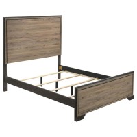 Made with selected 3D paper veneer in brown and light taupe that is easy to maintainTraditional platform bed frame design for a classic lookTall rectangular headboard makes a striking statement pieceDark etched border defines the shape of the head and foo