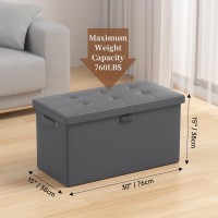 Jhsafer 30 Inches Folding Storage Ottoman, Fireproof Storage Chest Foot Rest Stool With Lock, Storage Bench With Handle For Bedroom, Leather Ottoman With Storage For Living Room Hallway, Dark Gray