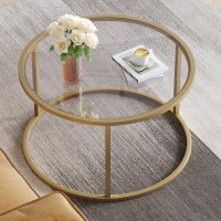 Saygoer Small Glass Coffee Table Round Gold Coffee Table For Small Space Modern Simple Center Table With Gold Frame For Living Room Home Office, Easy Assembly