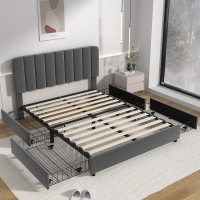 Vecelo Full Size Upholstered Bed Frame With 4 Drawers And Adjustable Headboard Velvet Platform Storage Bedframe Mattress Founda