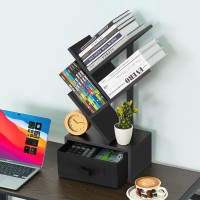 Sheepam Small Book Shelf With Drawer 4 Tier Black Tree Bookshelf Wooden Desktop Bookcase Modern Desk Display Storage Bookshelves