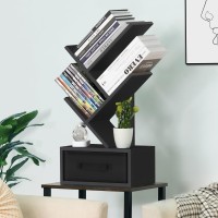 Sheepam Small Book Shelf With Drawer 4 Tier Black Tree Bookshelf Wooden Desktop Bookcase Modern Desk Display Storage Bookshelves