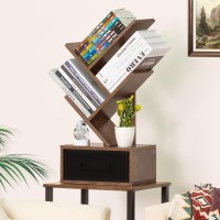 Sheepam Small Bookshelf With Drawer 4 Tier Tree Book Shelf Wood Desk Bookshelves Modern Free Standing Desktop Display Shelves Br