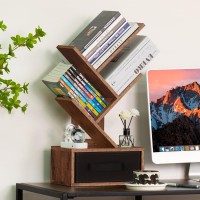 Sheepam Small Bookshelf With Drawer 4 Tier Tree Book Shelf Wood Desk Bookshelves Modern Free Standing Desktop Display Shelves Br