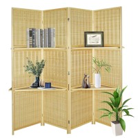 Ecomex Room Divider With Shelves, Bamboo Room Divider 4 Panel, Folding Screen, Room Dividers And Folding Privacy Screen, Portable Room Divider Screen For Home Office Studio Apartment Garage Natural