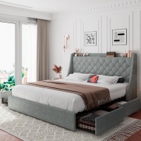 iPormis Full Size Bed Frame with 4 Storage Drawers, Upholstered Platform Bed Frame with Type-C & USB Ports, Wingback Storage Headboard, Solid Wood Slats, No Box Spring Needed, Light Gray
