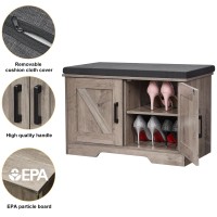 Homsho 2Tier Storage Bench Shoe Bench With Padded Seat Cushion Entryway Bench With 2 Barn Doors Adjustable Shelf 138 D X