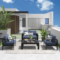 Solaste Outdoor Aluminum Furniture Set 4 Pieces Patio Sectional Chat Sofa Conversation Set With Table Black Frame And Blue Cus