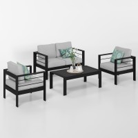 Solaste Outdoor Aluminum Furniture Set 4 Pieces Patio Sectional Chat Sofa Conversation Set With Table Black Frame And Grey Cus