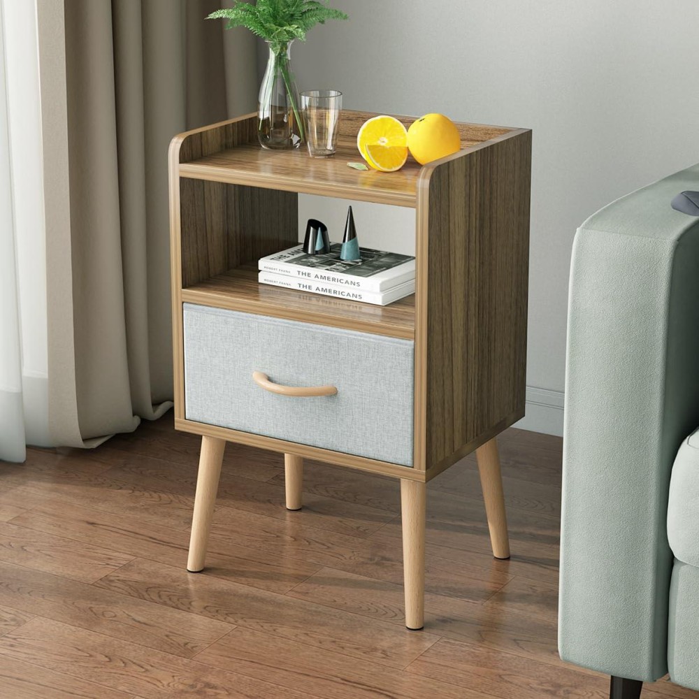 Lucknock Nightstand With Fabric Drawer, Bedside Table With Solid Wood Legs, Minimalist And Practical End Side Table With Open Storage Shelf For Bedroom,Walnut.