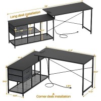 Homieasy Reversible L Shaped Desk With Power Outlet, Corner Computer Desk With Drawers And Storage Shelves, L-Shaped Long Home Office Desk Study Writing Desk Gaming Desk, Black